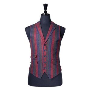 Mens Vest 40R Red Blue Green Striped Wool Waistcoat Medium Western Casual Preppy